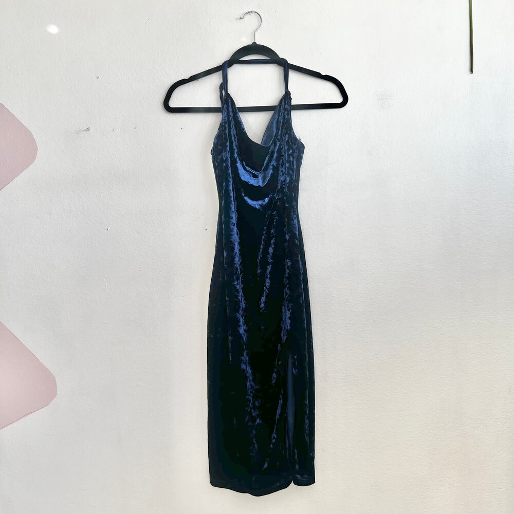 Lulus Blue Crushed Velvet Midi Dress‎ Glam Coquette Wedding Guest Holiday XS